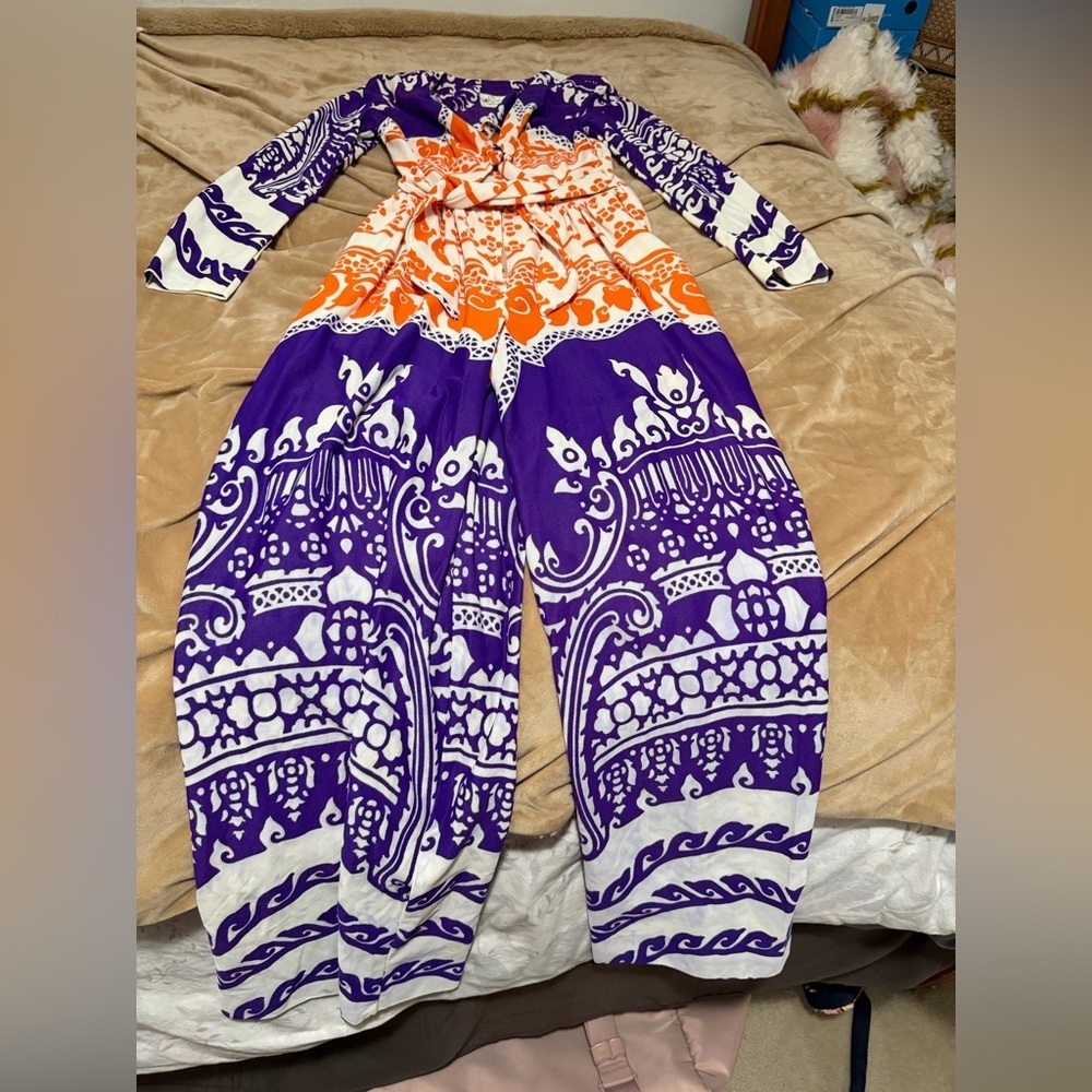 Vintage Wanda Belli San Francisco Orange and Purple Patterned Jumpsuit 70’s 0/2